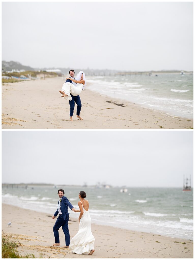 Bride and Groom walk along the beach in Chatham, MA, Cape Cod on their wedding day.