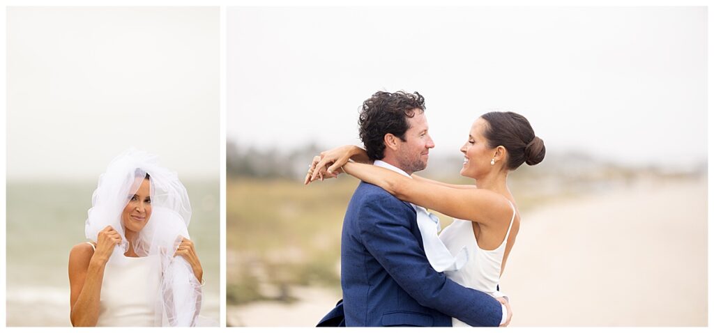 Bride and Groom in Chatham, MA, Cape Cod beach on their wedding day.