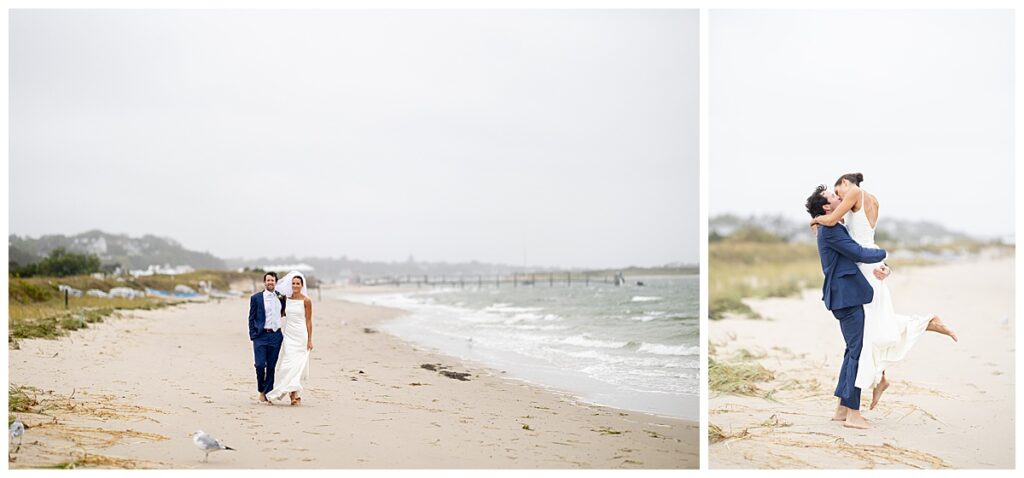 Bride and Groom share a kiss on their wedding day in Cape Cod, during a coastal storm in Chatham, MA.