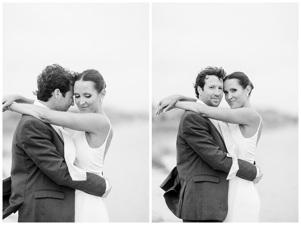 Black and white pictures of a bride and groom in Chatham, MA, Cape Cod on their wedding day.