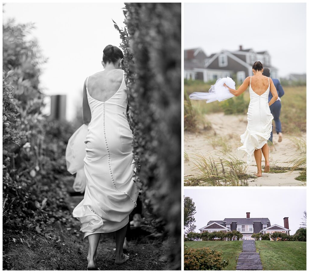 Bride and Groom in Chatham, MA, Cape Cod walking on the beach at a home on the beach.