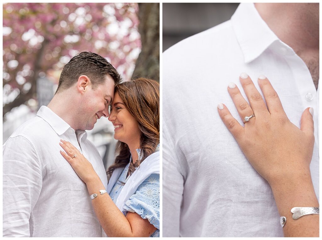 Couple touch foreheads under a pink blossoming tree during engagement pictures in Nantucket.