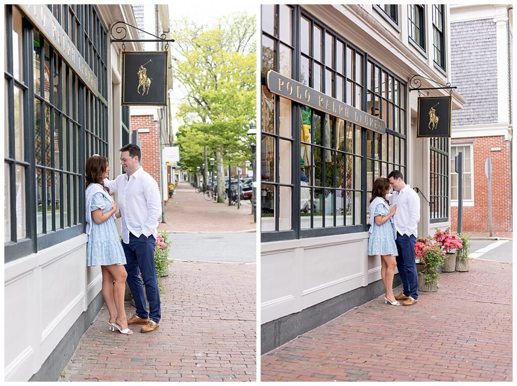 Couple stands in front of the Ralph Lauren store in Nantucket while taking engagement pictures on a beautiful spring day in May.