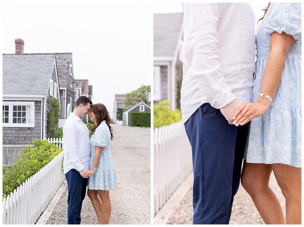 Couple stand chest to chest and touch foreheads while standing in the Old North Wharf in Nantucket during engagement pictures.