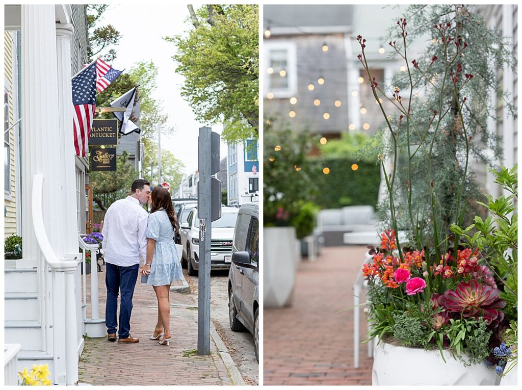 Couple strolling in downtown Nantucket hand in hand, while having engagement pictures taken.