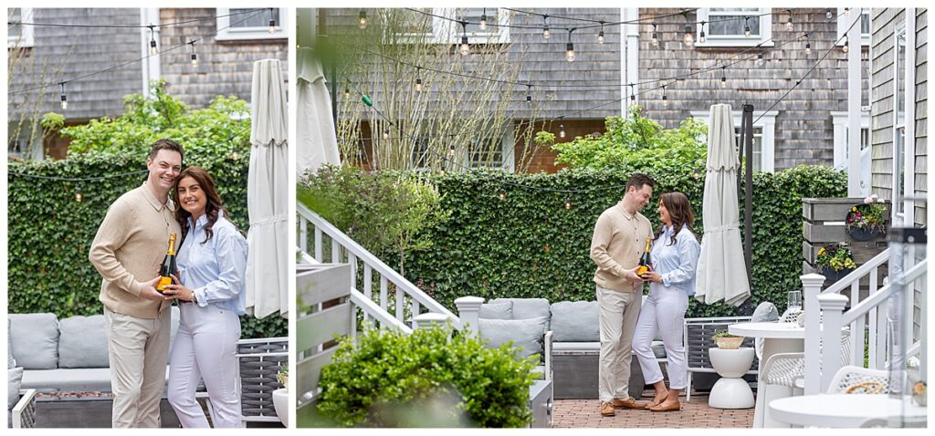 Couple take engagement pictures at Hotel Pippa in Nantucket under the string lights on the patio.