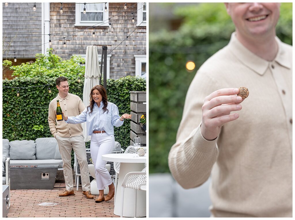 Couple pour a glass of champagne at Hotel Pippa while having engagement pictures taken in Nantucket.