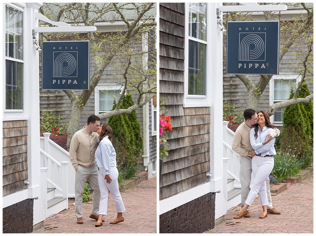 Couple kiss in front of Hotel Pippa in Nantucket while having engagement pictures taken.