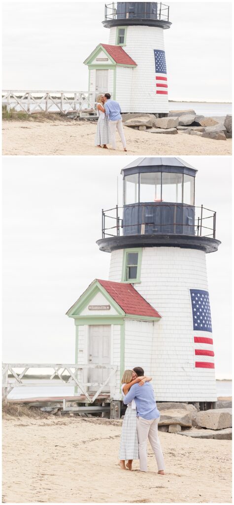 Couple lovingly embrace after man has successful Nantucket Proposal at Lighthouse Beach in Nantucket.