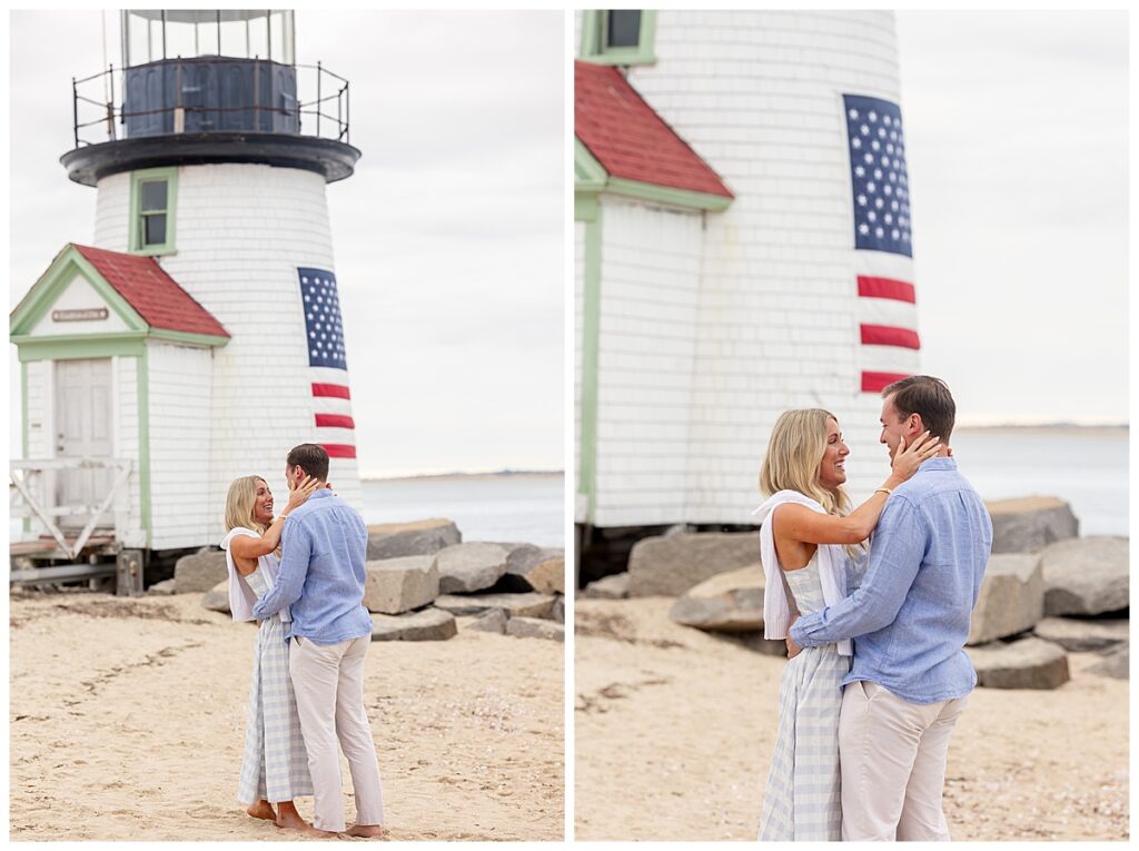 Couple hug and kiss after Nantucket Proposal at Brant Point Lighthouse.