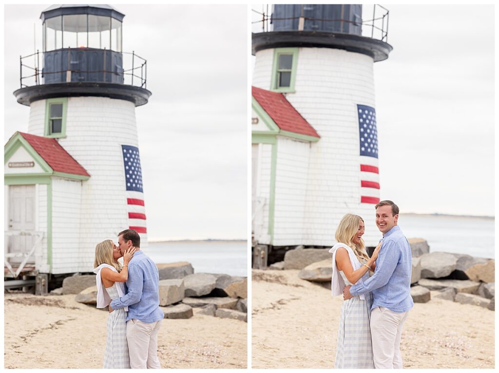 Couple take some new engagement photos at Brant Point Lighthouse in Nantucket after mans Nantucket Proposal was a success.