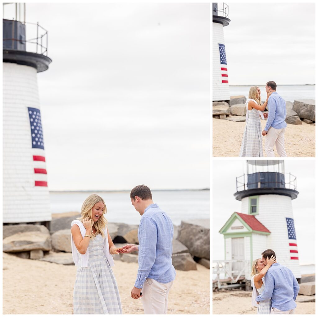 Couple hug and kiss after Nantucket Proposal at Brant Point Lighthouse in Nantucket over Memorial Day Weekend.