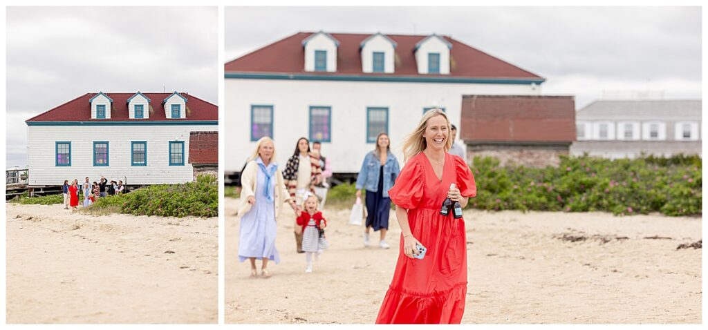 Family comes to greet couple after the Nantucket Proposal was a success at Brant Point Lighthouse.
