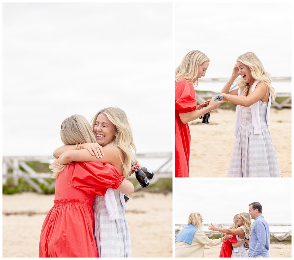 Sisters hug and cry and laugh after Nantucket Proposal at Brant Point Lighthouse in Nantucket.