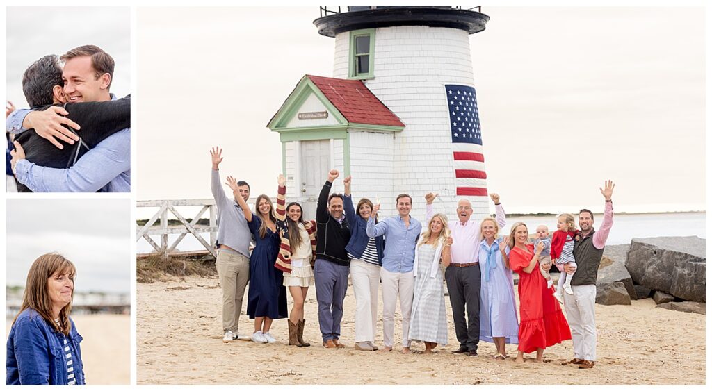 Family celebrates with man and woman who had their Nantucket Proposal at Brant Point Lighthouse over Memorial Day Weekend.