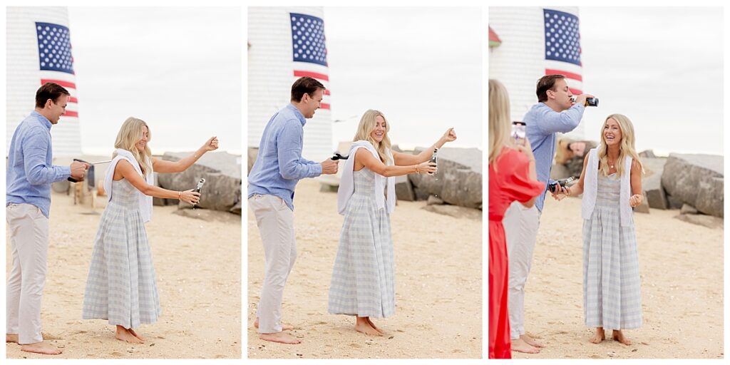 Man and woman celebrate in Nantucket after his Brant Point Proposal was a success!