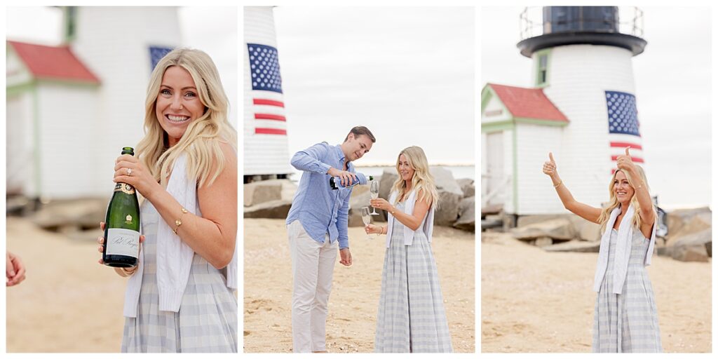 Woman shows a bottle of champagne and gives a thumbs up after her boyfriend gave her a successful Nantucket Proposal at Brant Point Lighthouse.