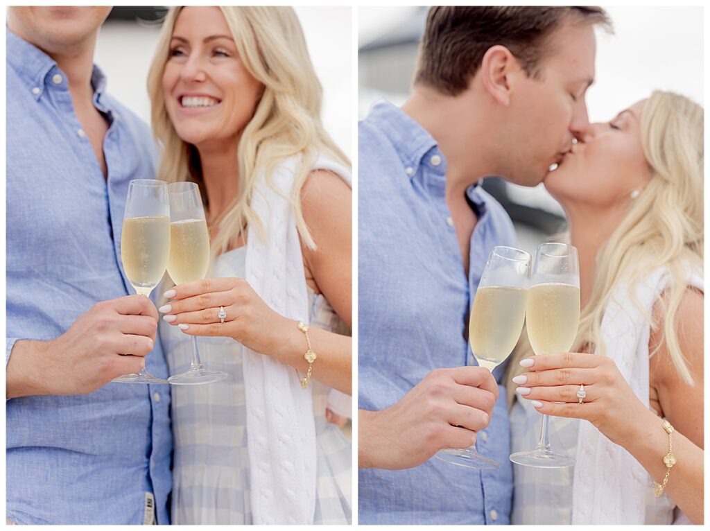 Couple kiss and toast at Brant Point Lighthouse after his Nantucket proposal on the beach over Memorial Day Weekend.