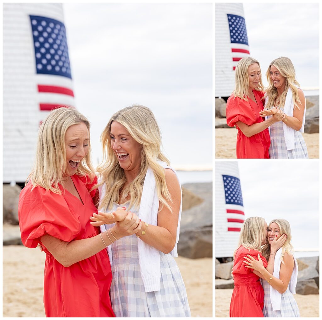Sisters show excitement and emotion after the Nantucket Proposal at Brant Point Lighthouse over Memorial Day Weekend.