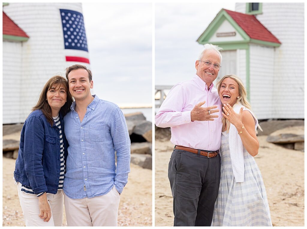 Parents celebrate alongside a woman and man who got engaged at Brant Point Lighthouse in Nantucket over Memorial Day Weekend.