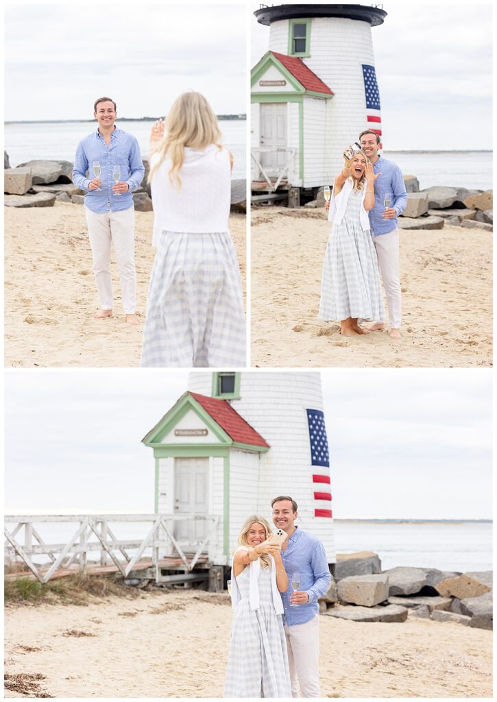 Man and Woman celebrate on the beach after his Nantucket Proposal at Brant Point Lighthouse over Memorial Day weekend!