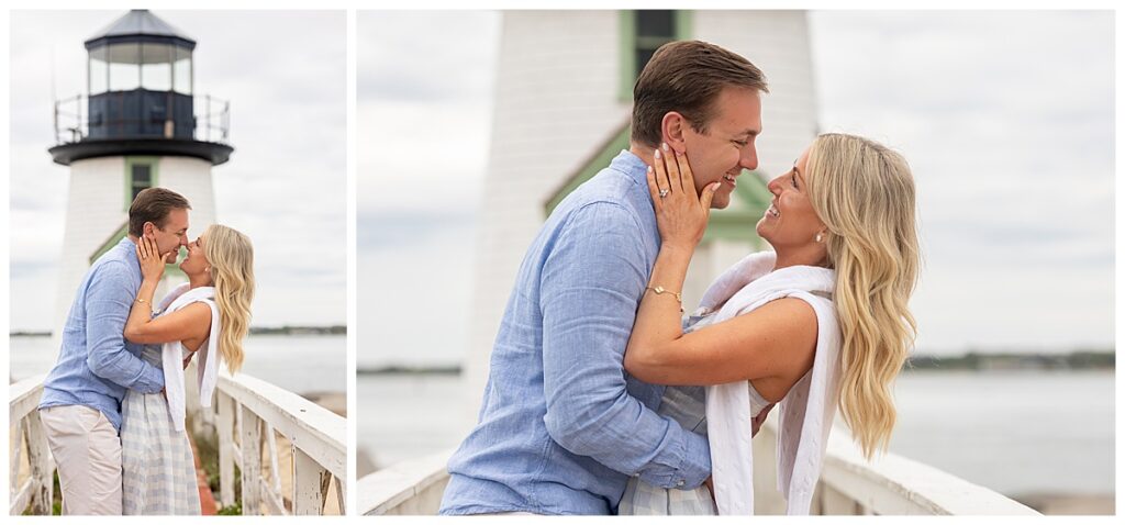 Couple lean back and stare lovingly at one another after the man did his Nantucket Proposal at Brant Point Lighthouse over Memorial Day Weekend.