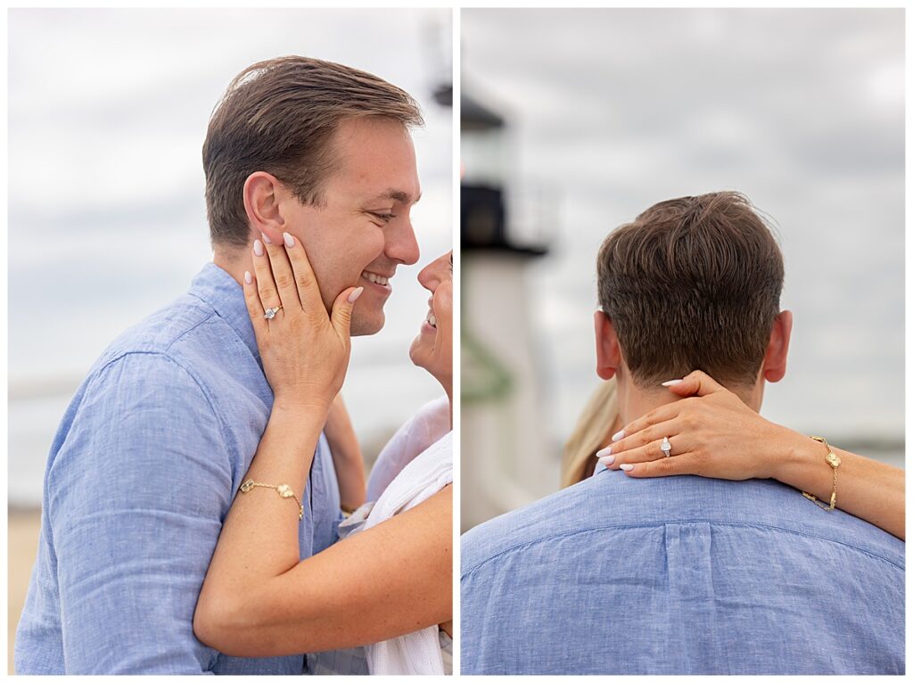 Woman touches the side of her fiance's face and displays her new diamond ring at Brant Point Lighthouse after his Nantucket Proposal