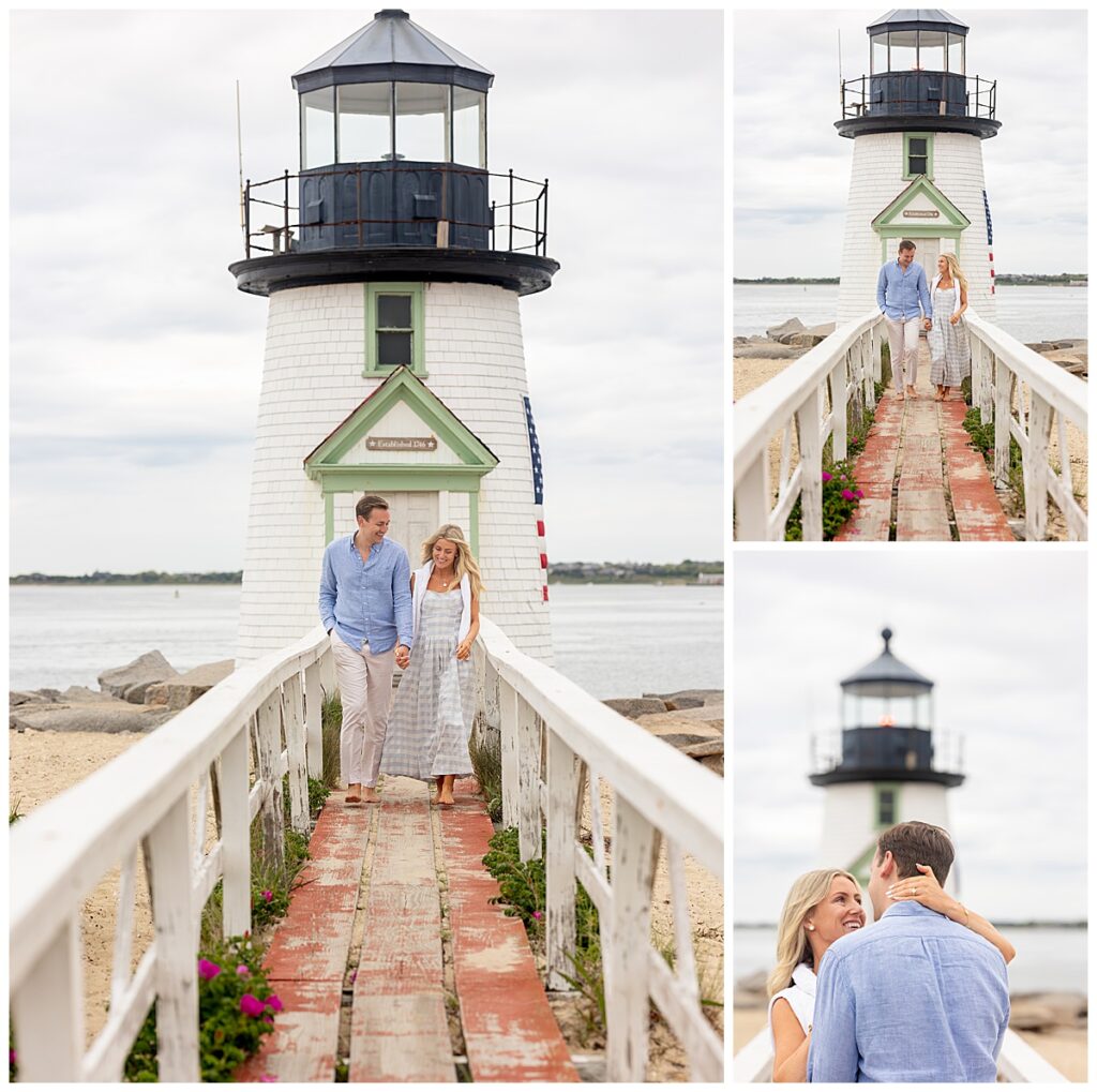 Couple walk along the bridge at Brant Point Lighthouse hand in hand after his Nantucket Proposal.