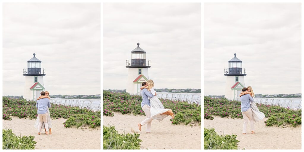 Couple hug and twirl around on the beach at Brant Point Lighthouse in Nantucket after he proposed on the beach over Memorial Day Weekend.