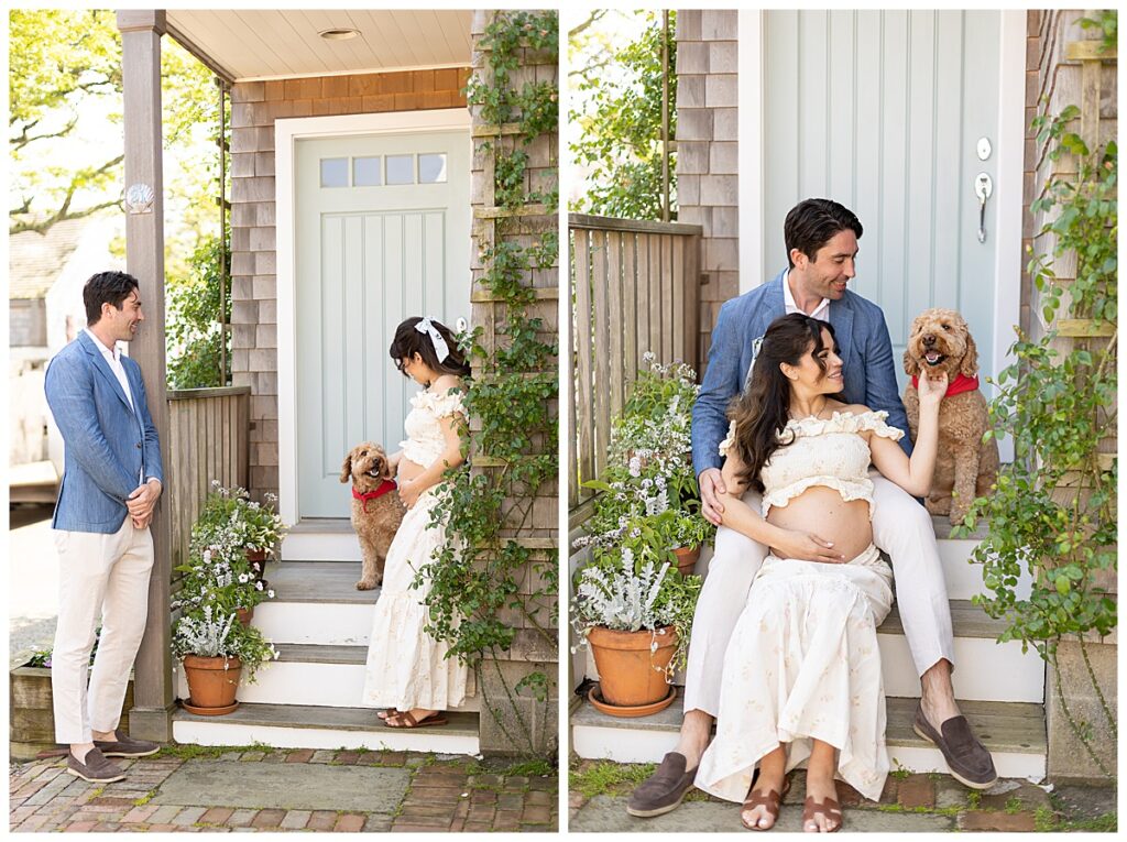 Husband and wife have Maternity pictures taken at the Nantucket Boat Basin, while sitting on the front steps with their goldendoodle.