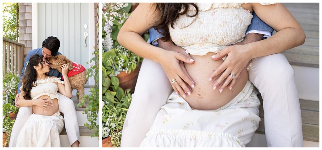 Woman smiles at her goldendoodle while sitting on the steps of a Nantucket Boat Basin house while having Maternity pictures taken.
