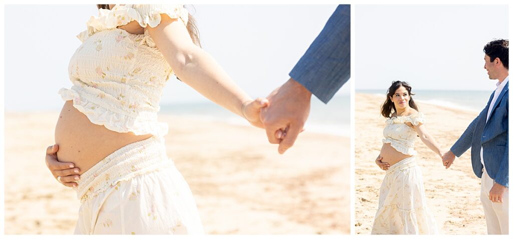 Wife looks lovingly at her husband while having Maternity pictures taken in Nantucket.