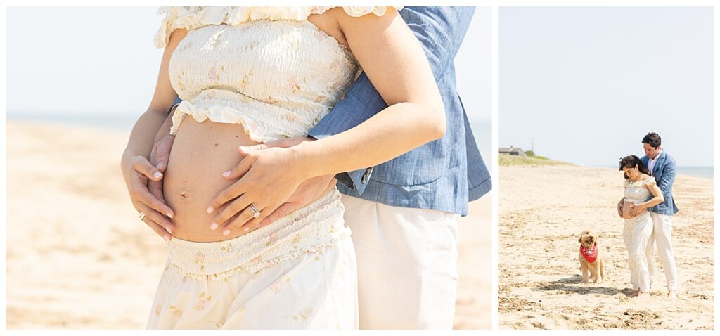 Husband and wife cuddle and embrace while at the beach in Sconset, Nantucket while having Maternity pictures taken.