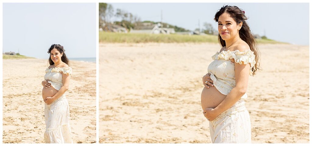 Woman shows her belly at the beach in Sconset, Nantucket while having Maternity pictures taken.