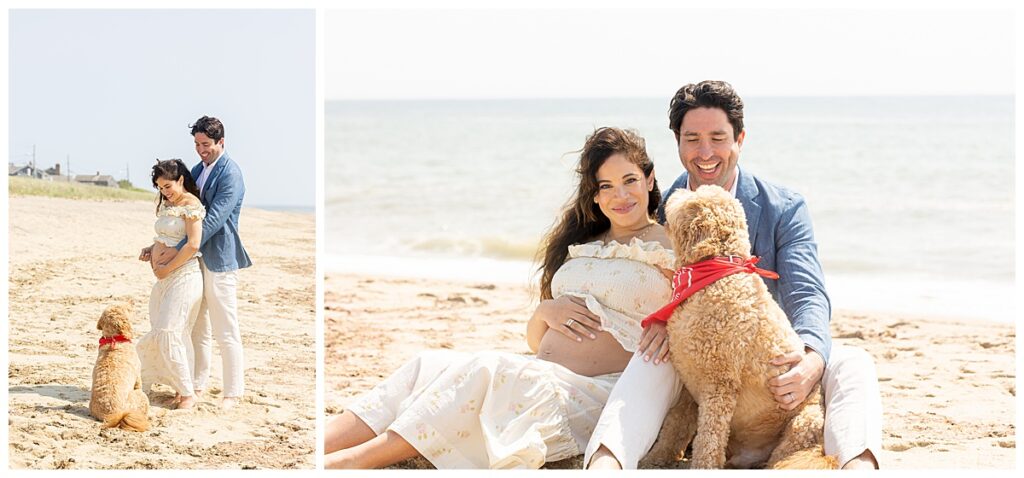 Husband and wife smile at the beach in Sconset, Nantucket while having Maternity pictures taken with their goldendoodle.
