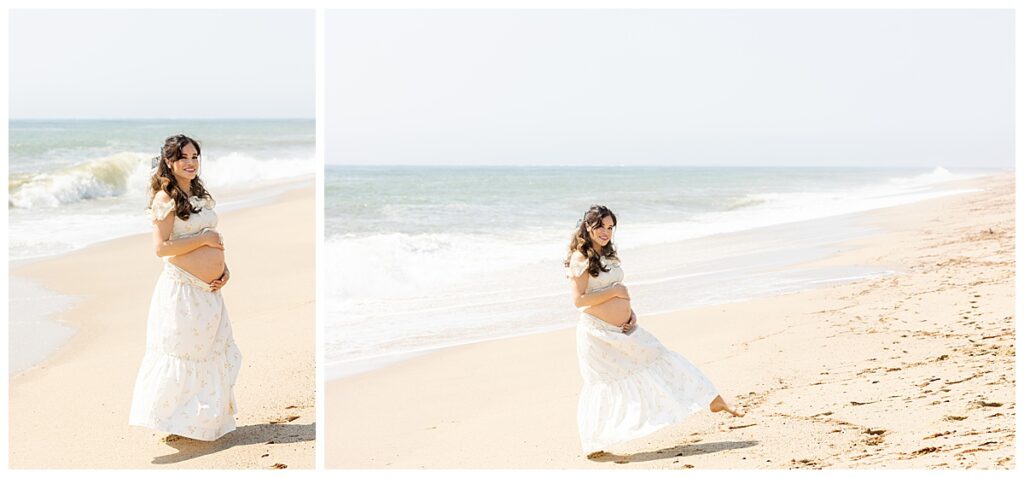 Woman playfully walks along the beach in Siasconset, Nantucket while having Maternity pictures taken.