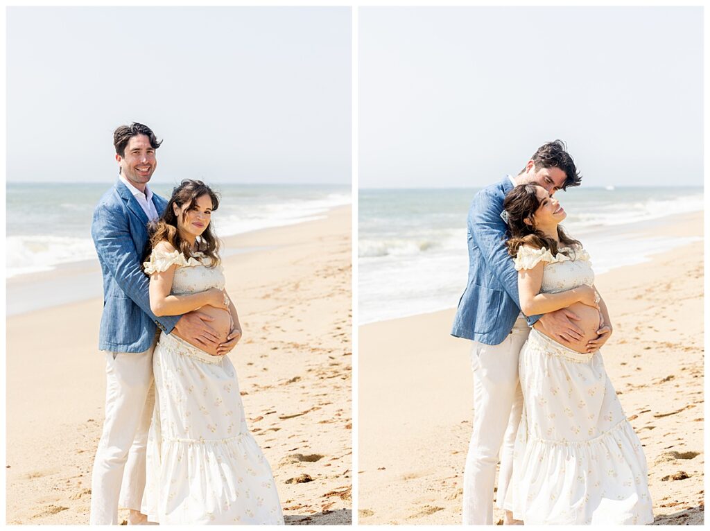 Husband and wife laugh and cuddle while standing on the beach in Siasconset, Nantucket while having Maternity pictures taken.