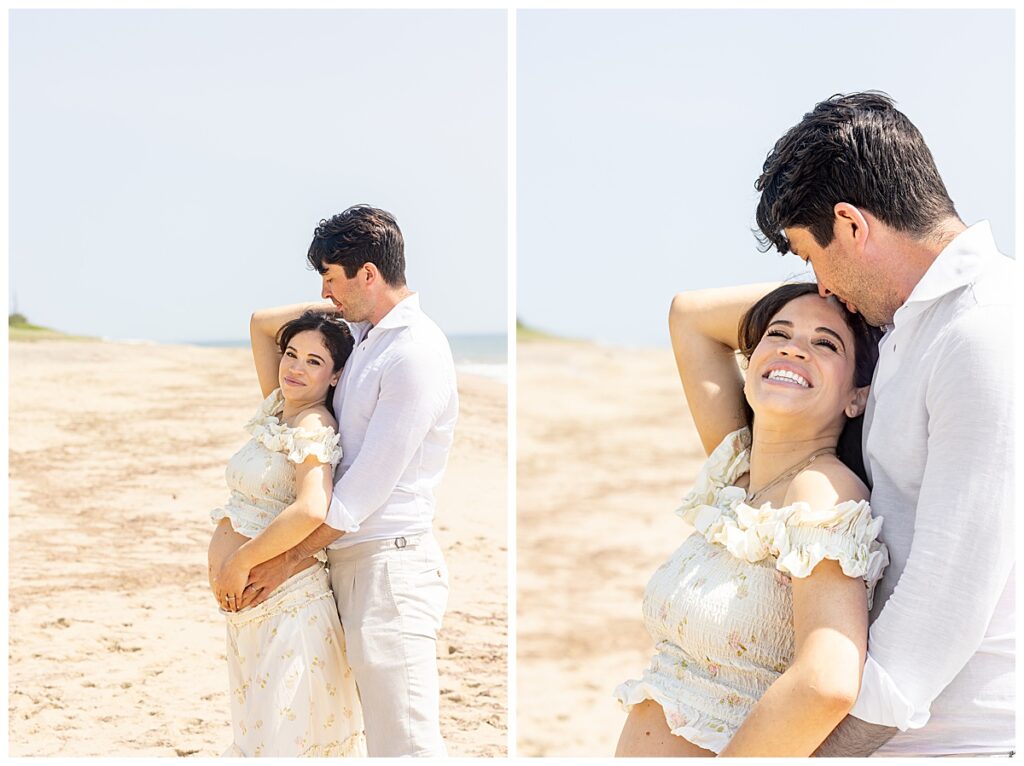 Husband and wife embrace along the beach in Siasconset, Nantucket while having Maternity pictures taken.