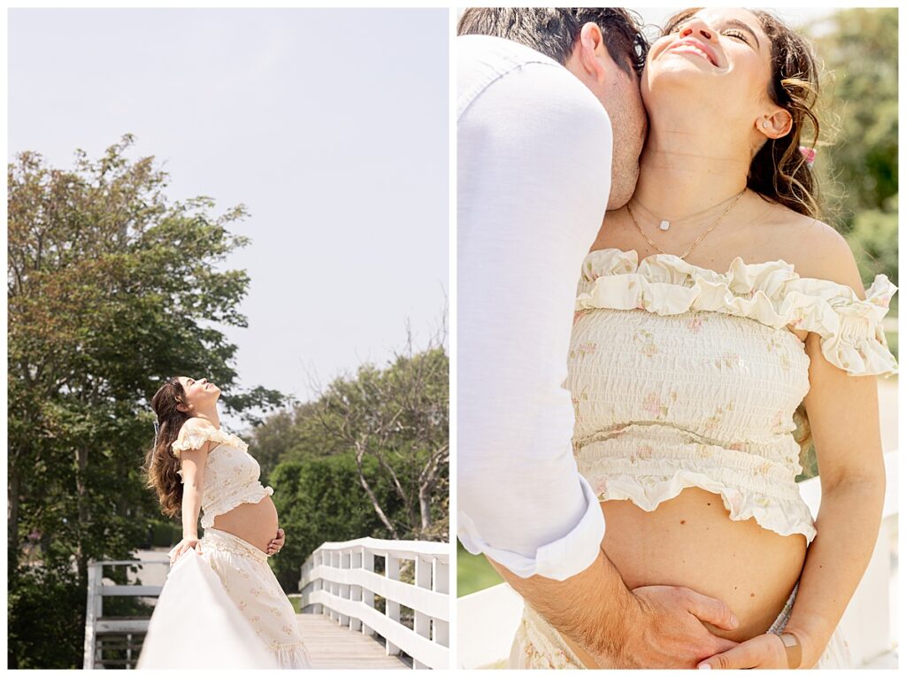 Wife stands on a bridge in Siasconset while feeling the warm sun on her face with her pregnant belly out during Maternity pictures in Nantucket.