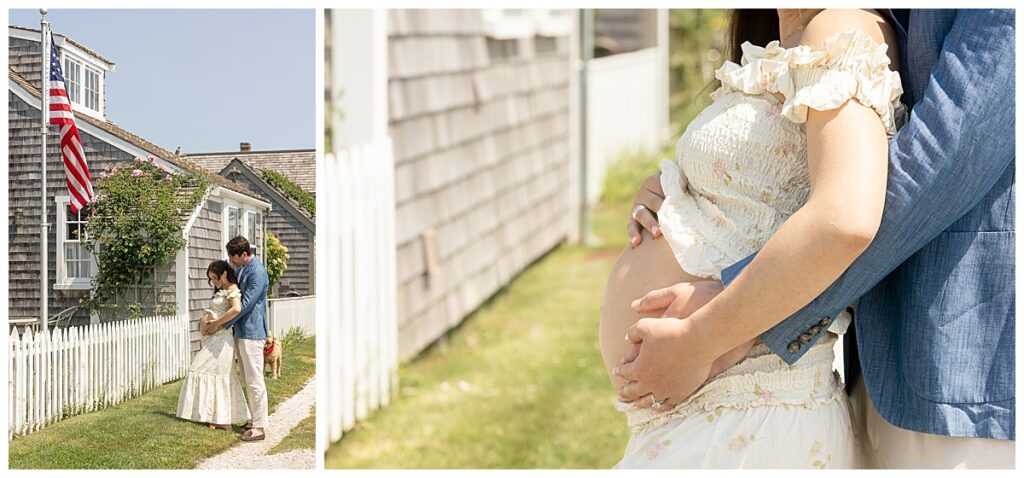 Wife leans into her husband while looking down at her growing belly while having Maternity pictures taken in Nantucket.