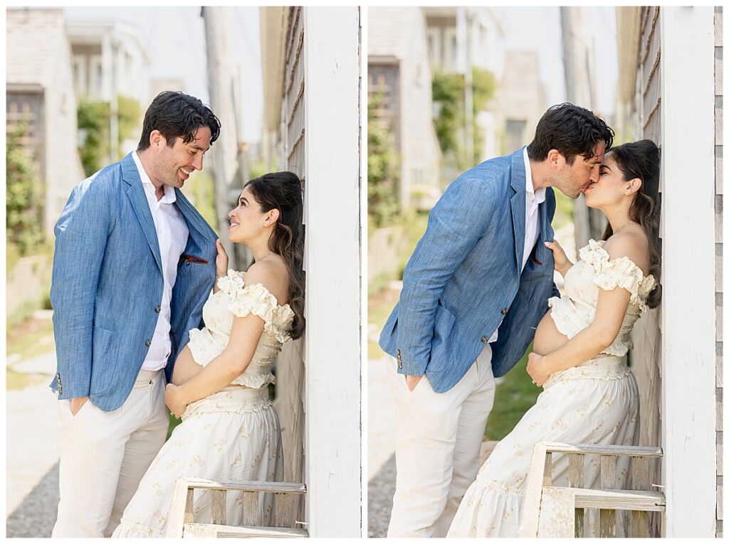Husband and wife lean against the wall of a gray shingled building in Nantucket while having Maternity Pictures taken along the Bluff Walk.