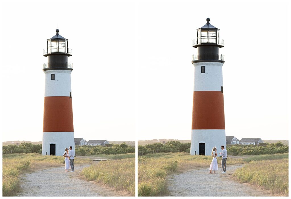 Man surprises girlfriend with a Nantucket proposal in front of the Sankaty Head Lighthouse on a warm July summer evening at golden hour.