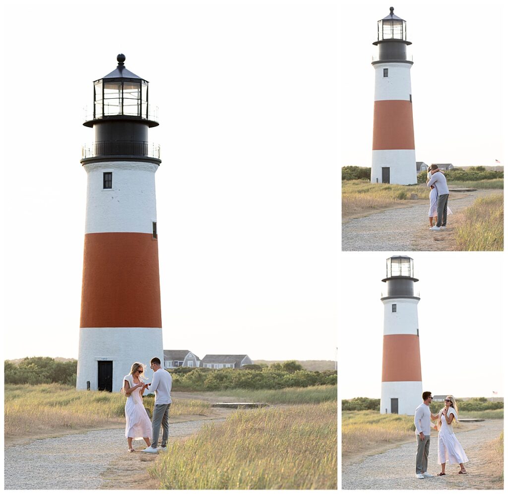 Man and woman get engaged at the Sankaty Head Lighthouse in Nantucket on a warm July evening after his Nantucket Proposal.