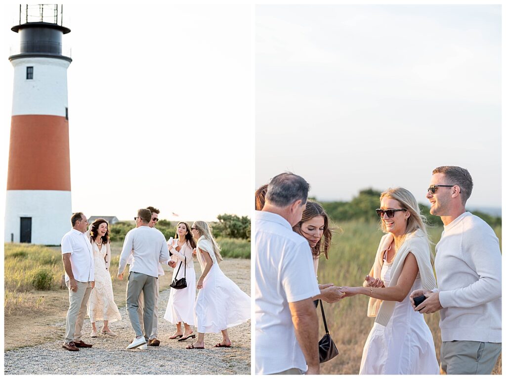Family congratulates new couple on their engagement and Nantucket Proposal in front of the Sankaty Head Lighthouse on a warm July summer evening.