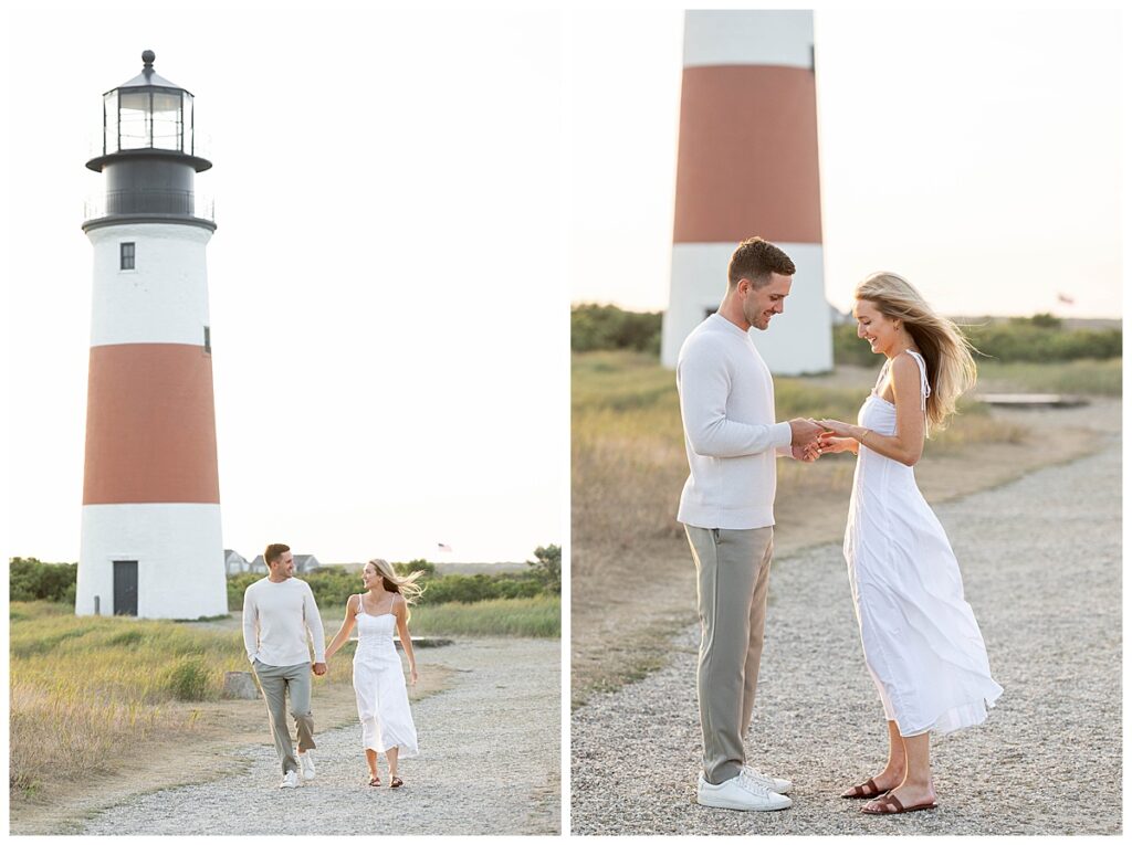 Man and woman walk smiling, hand in hand after his Nantucket Proposal and their engagement at the Sankaty Head Lighthouse.