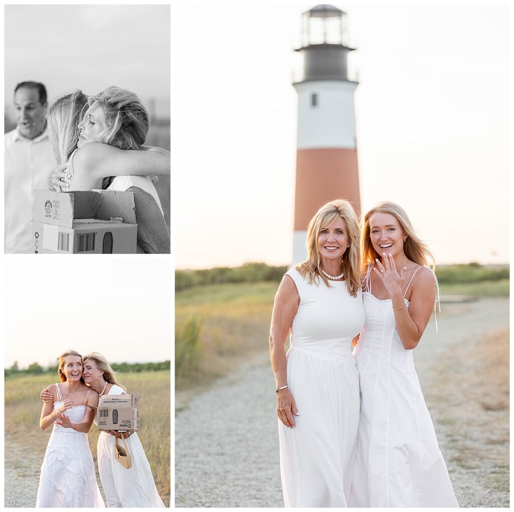 Mother embraces and congratulates her daughter after her Nantucket Proposal at the Sankaty Head Lighthouse on a warm summer evening in July.