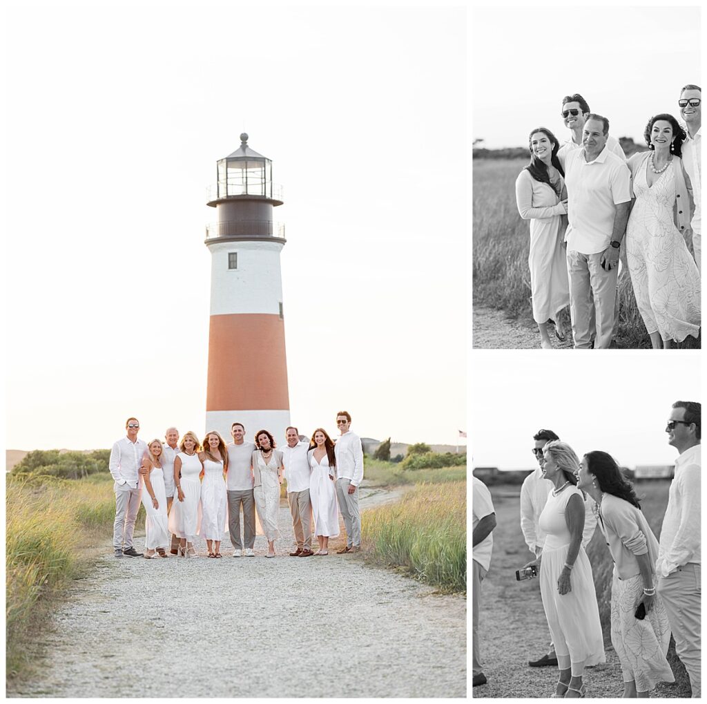 Families gather at the Sankaty Head Lighthouse in Nantucket after watching their son and new soon to be daughter in law get engaged after his Nantucket Proposal.