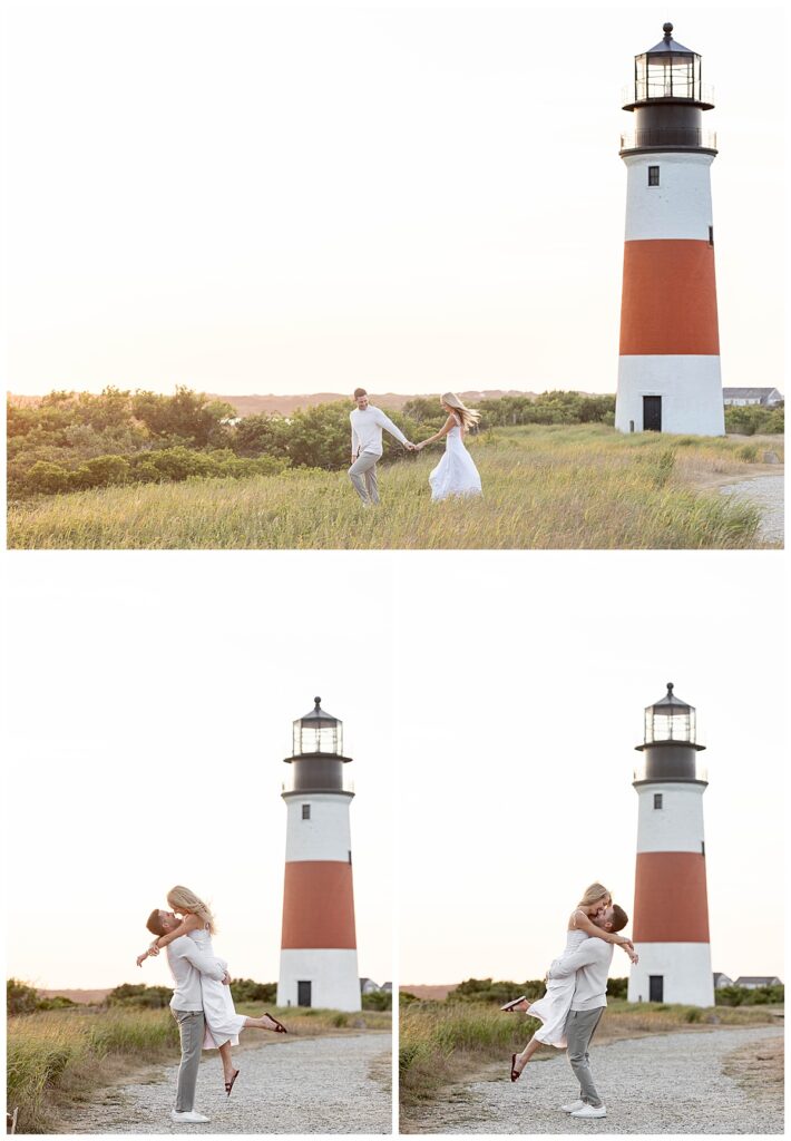 Man and woman celebrate at golden hour in Nantucket at the Sankaty Head Lighthouse after his proposal and their engagement session in July.