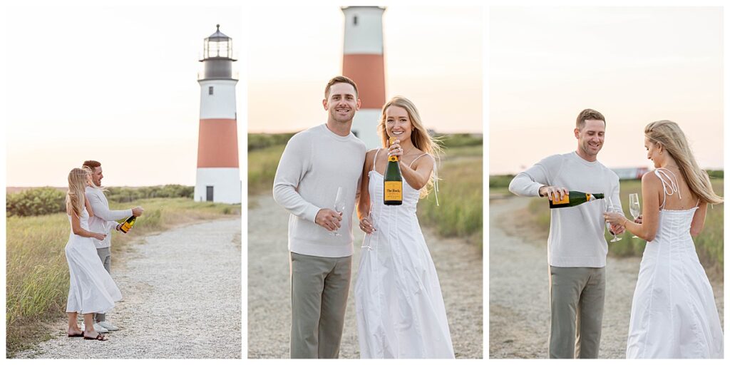 Newly engaged couple popping champagne and enjoying a glass of it in Nantucket, at Sankaty Head Lighthouse after just having a proposal and engagement picture session on a warm summer evening at golden hour.
