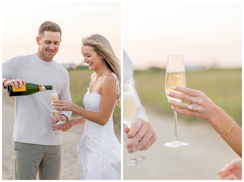 Nantucket Proposal and Engagement at Sankaty Head Lighthouse during a warm July summer evening at golden hour and sunset. Man pouring woman a glass of champagne with a big smile on his face. Woman showing diamond ring off.